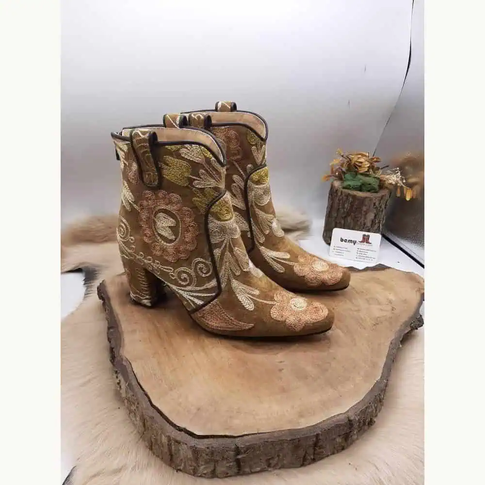 Brown Floral Suzani Ankle Boots