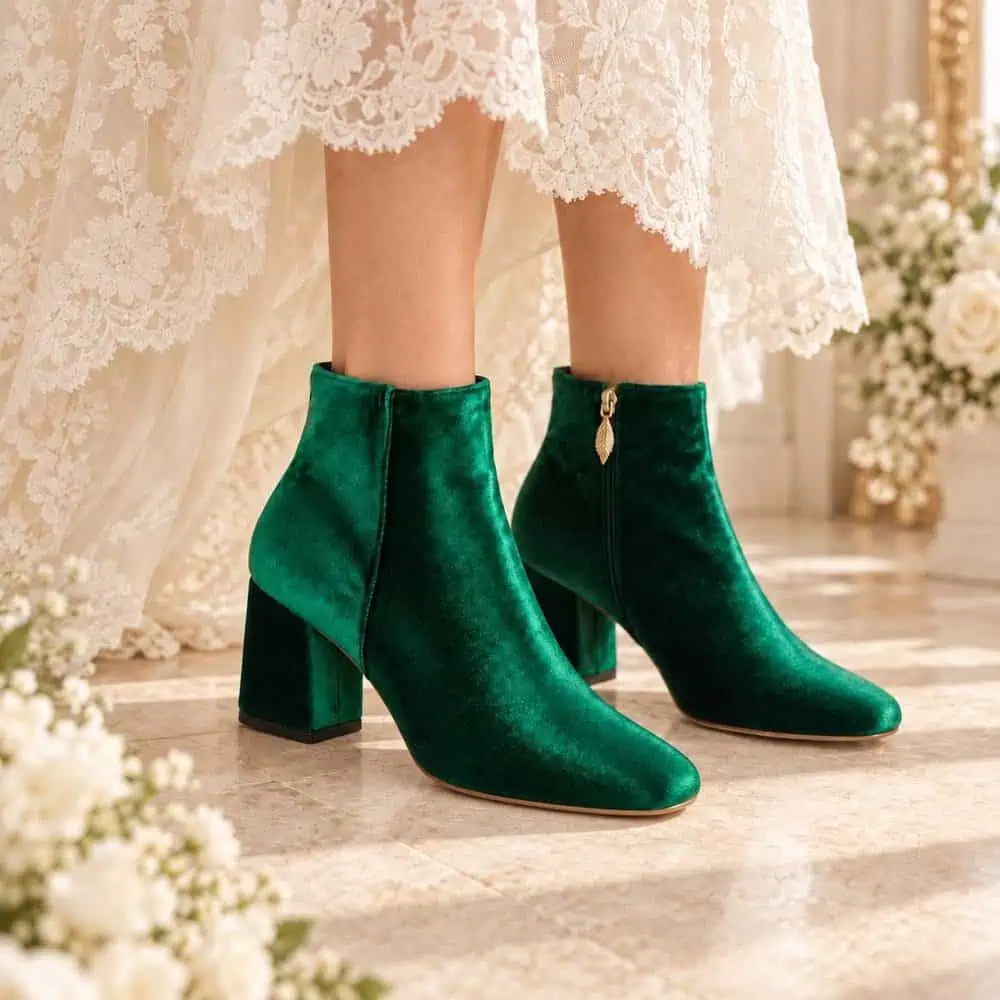 Green Velvet Block-Heel Boots