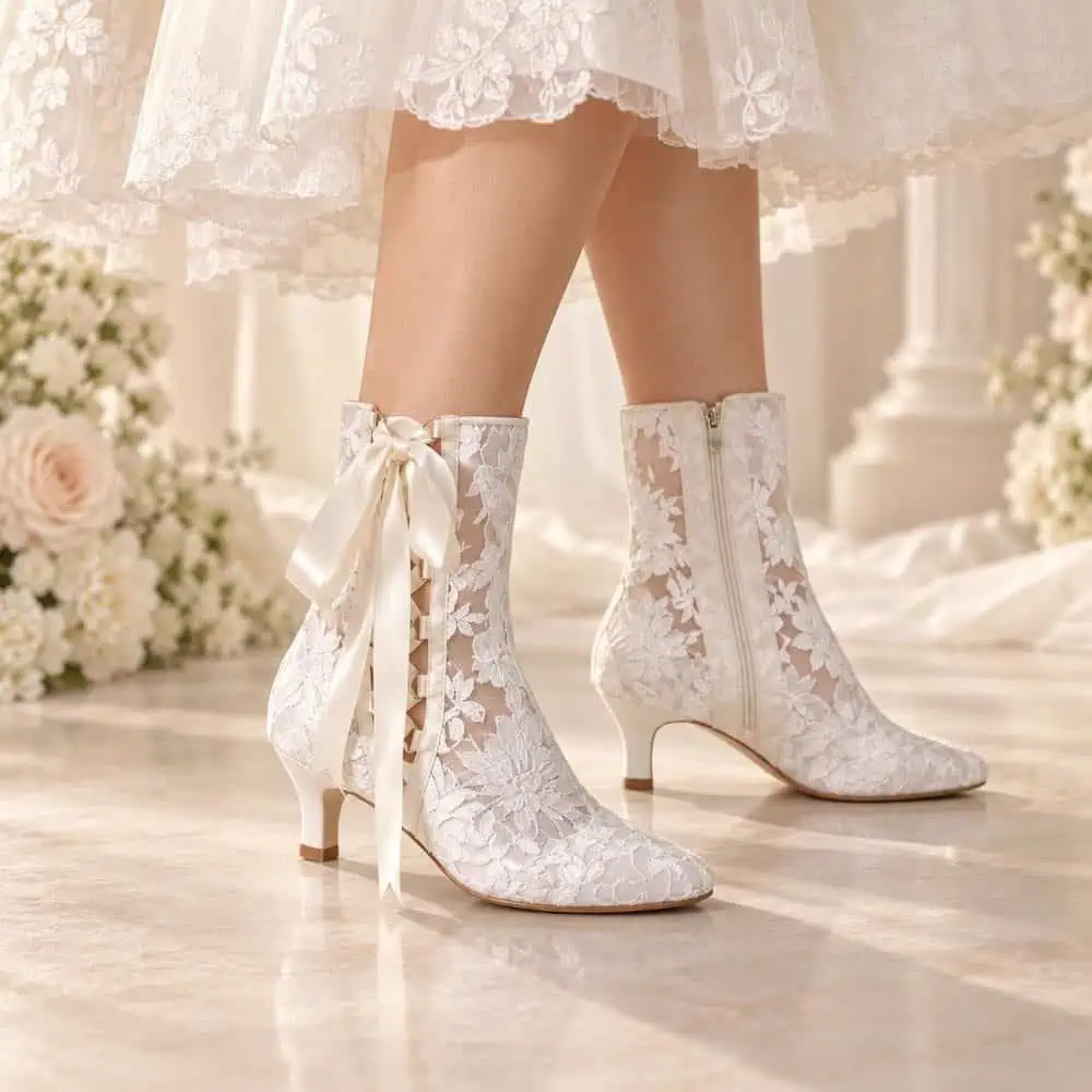 Ivory Lace Boots with Satin Ribbon