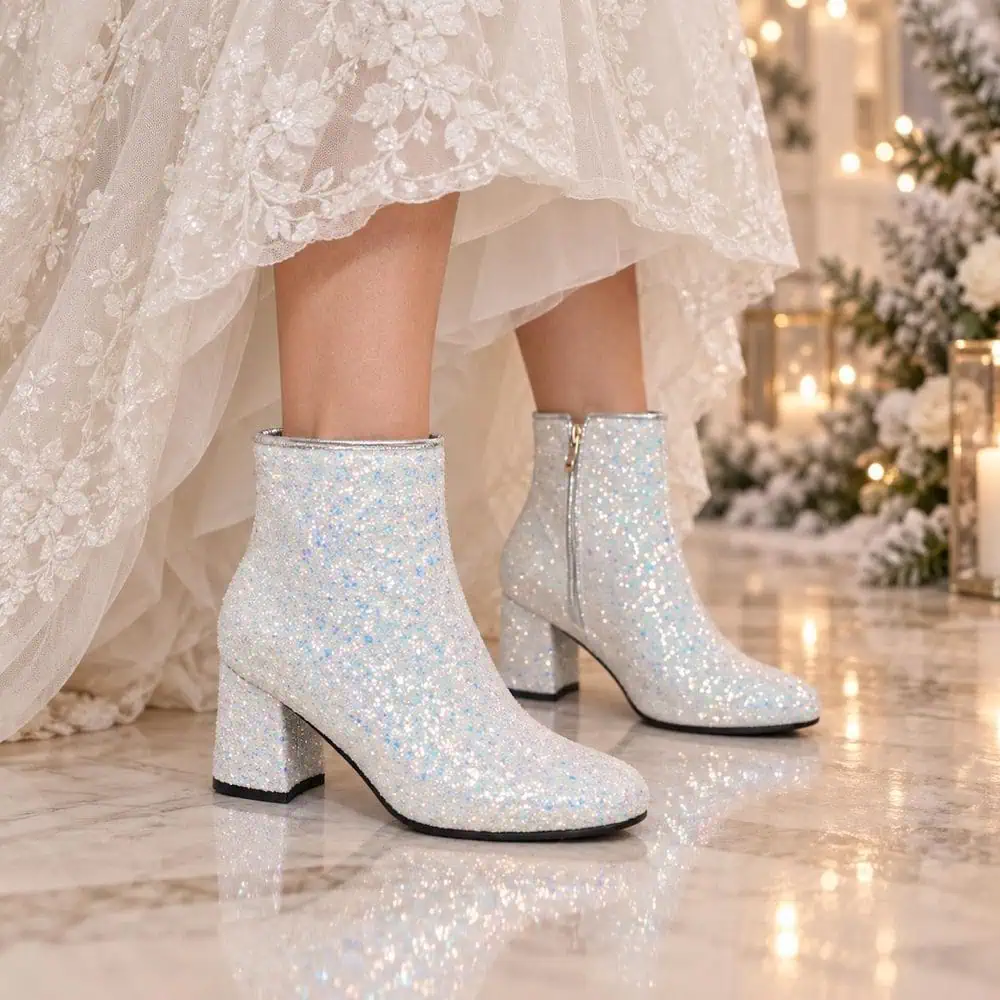 White Glitter Block-Heel Boots