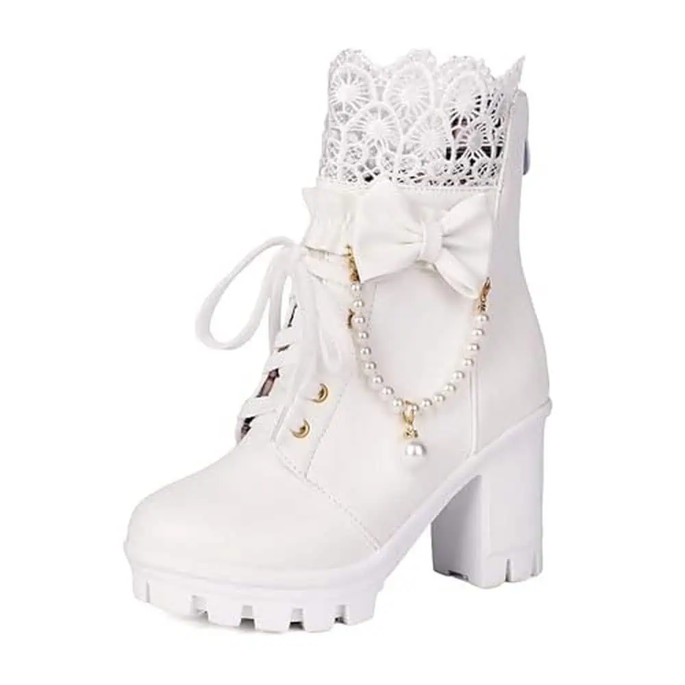 White Lace-and-Pearl Platform Boots