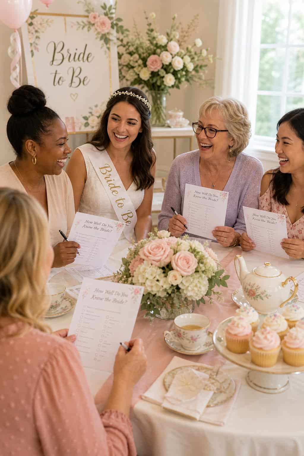 Women filling out printed quiz sheets at a bridal shower table with clipboards and pens, surrounded by floral arrangements and pastel decorations.