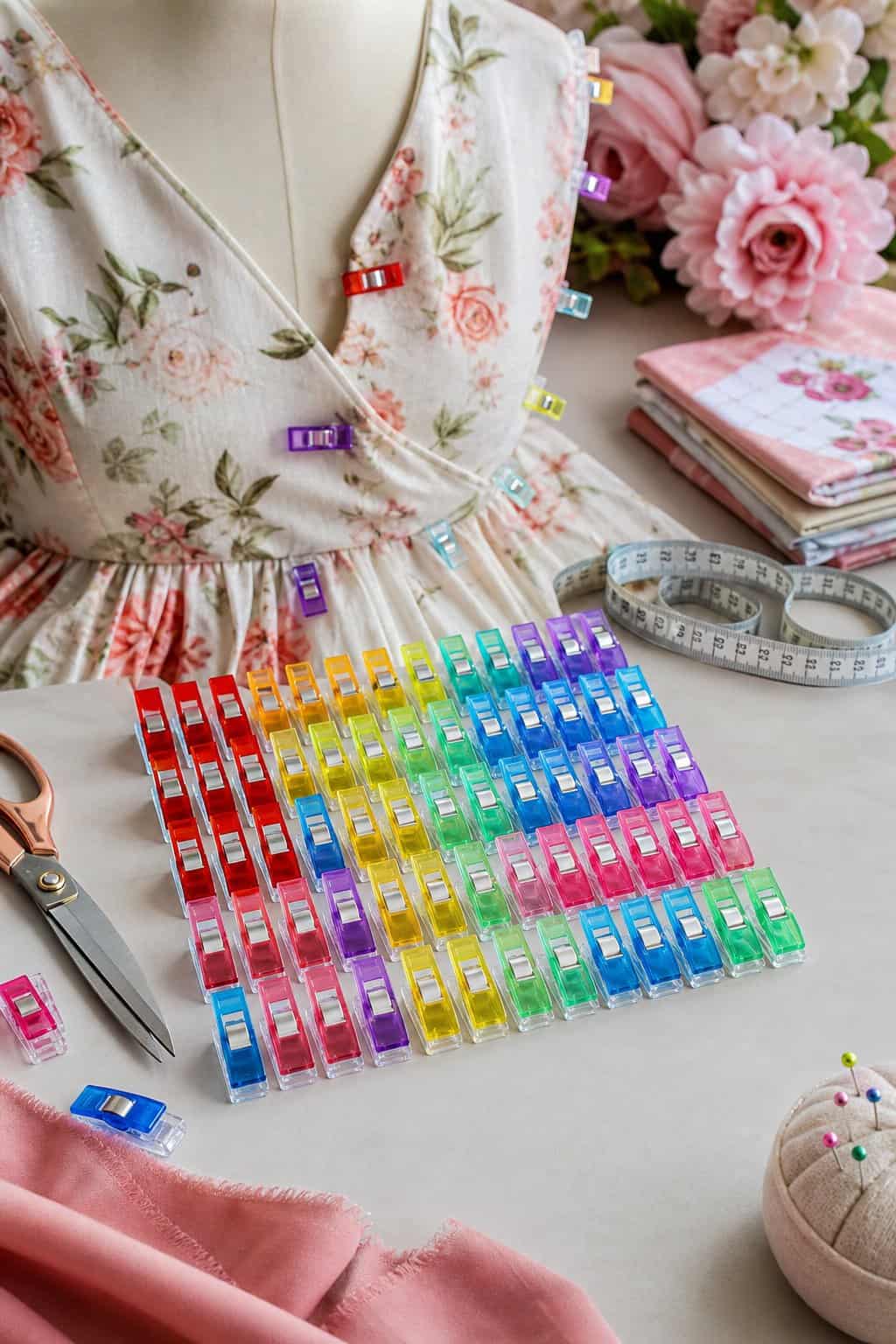 A close-up of brightly colored plastic sewing clips in red, blue, and white arranged in a row along the edge of pinned ivory fabric on a cutting table.