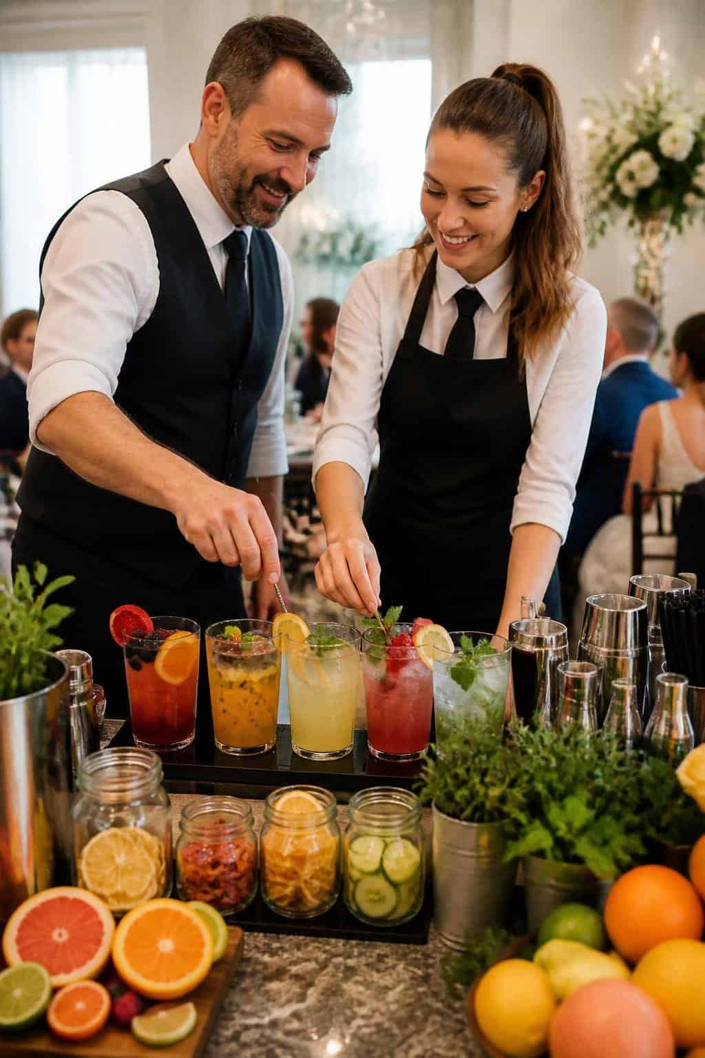 A bar manager and a woman in a floral dress preparing vibrant pink and orange batch cocktails together behind a wooden bar at a wedding reception.