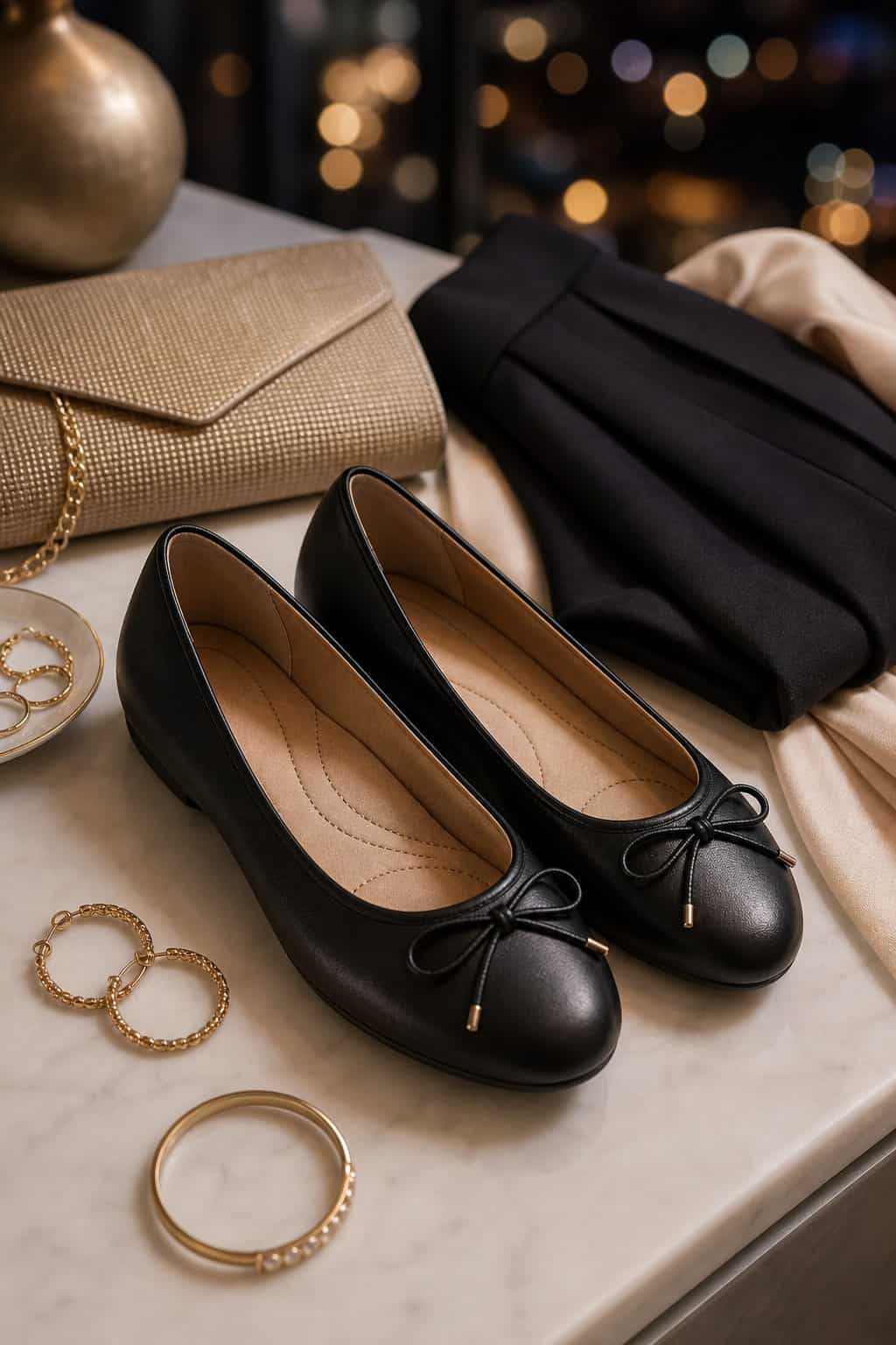 A pair of cognac leather ballet flats displayed alongside a small beaded clutch and a thin gold bracelet on a marble surface.