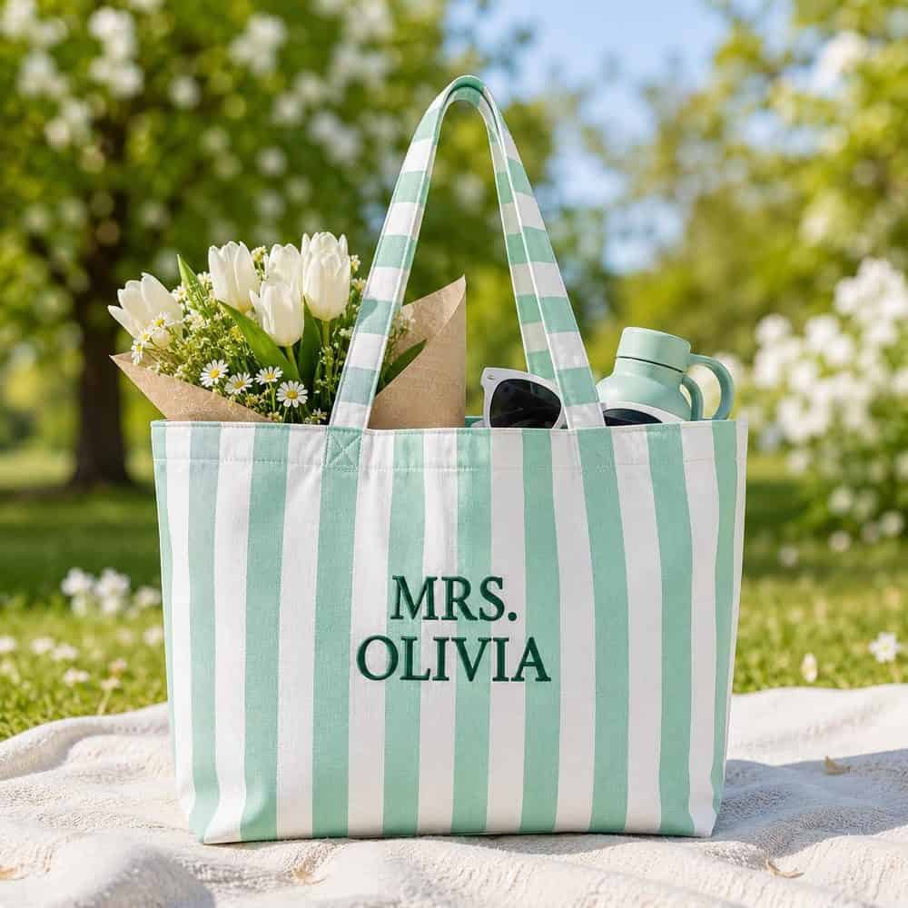Embroidered Striped Bride Tote
