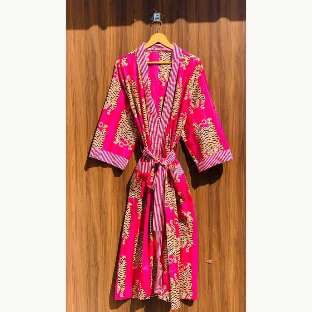 Hot Pink Tiger-Print Cotton Kimono