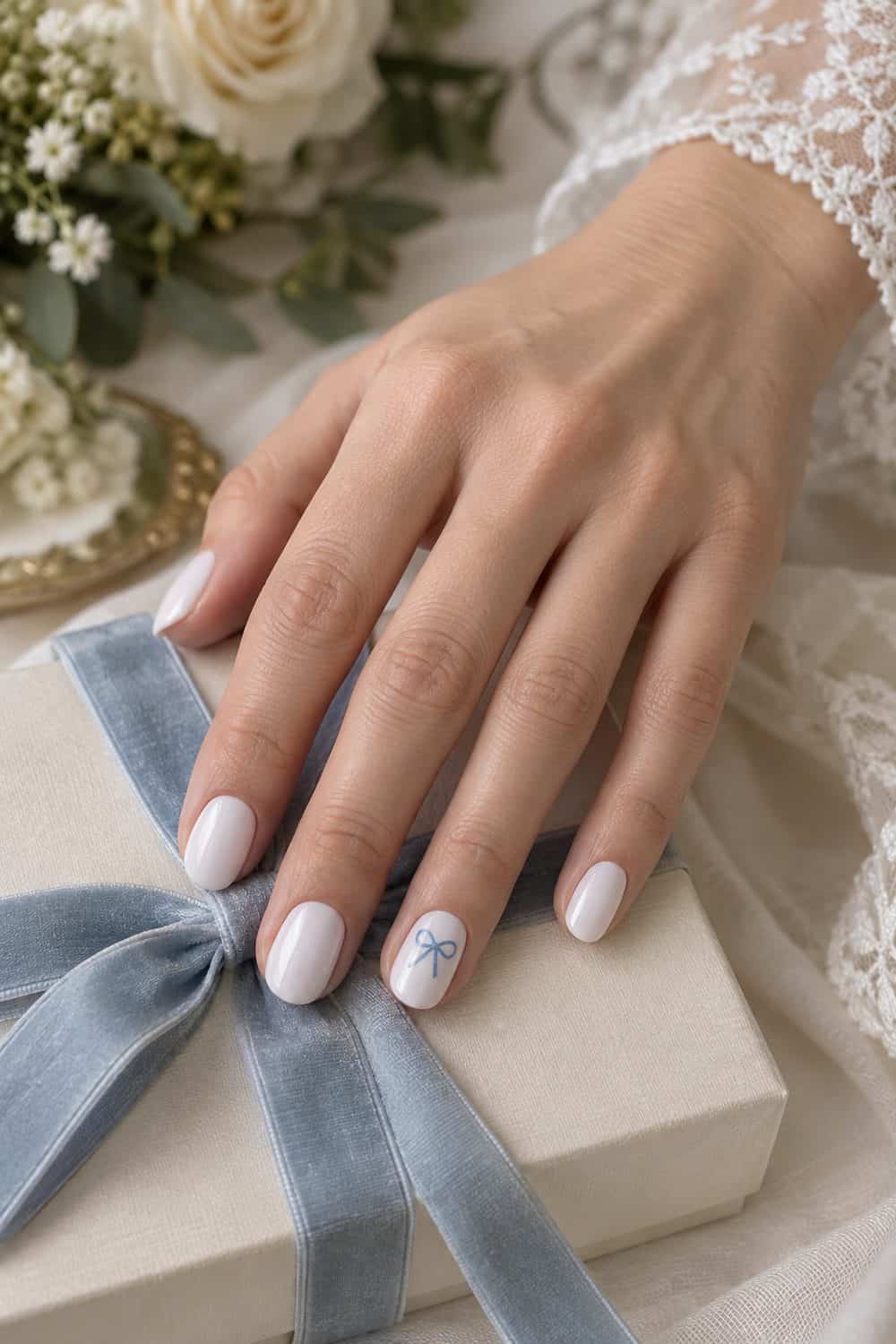Bridal fair hand with short oval nails painted milky white, one tiny pale-blue bow painted on each visible ring-finger nail, gift ribbon nearby