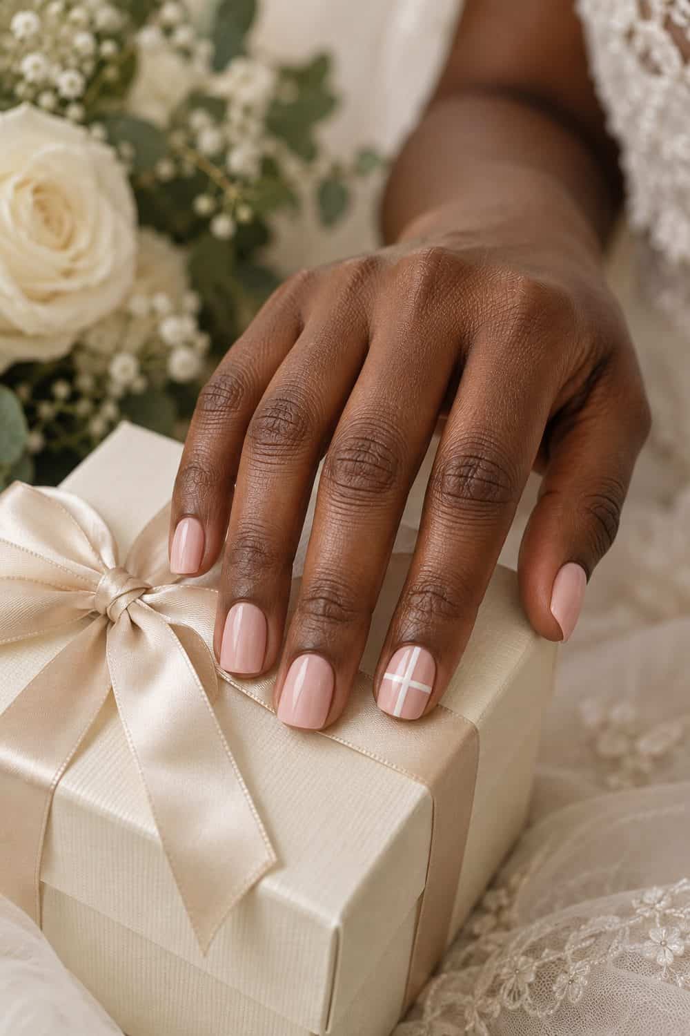Bridal dark-brown hand with short squoval nails painted blush, two white crossing gift-ribbon lines on ring-finger accents, cream gift box