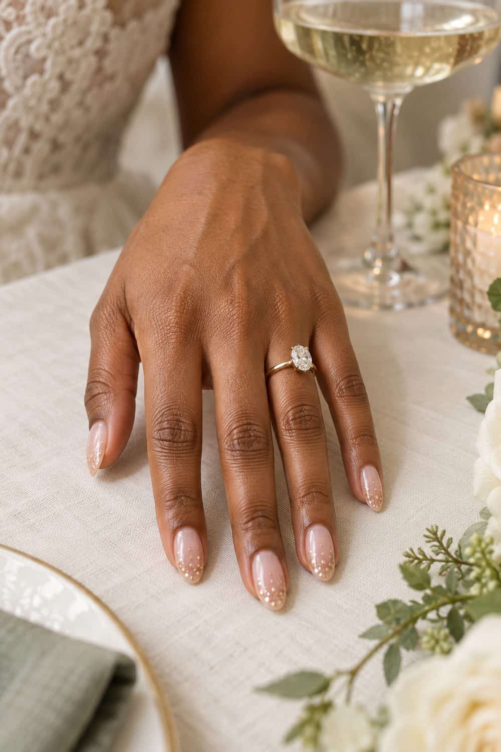 Bridal medium-deep brown hand with medium almond nails, sheer pink base and small champagne dots rising from tips, ivory party table