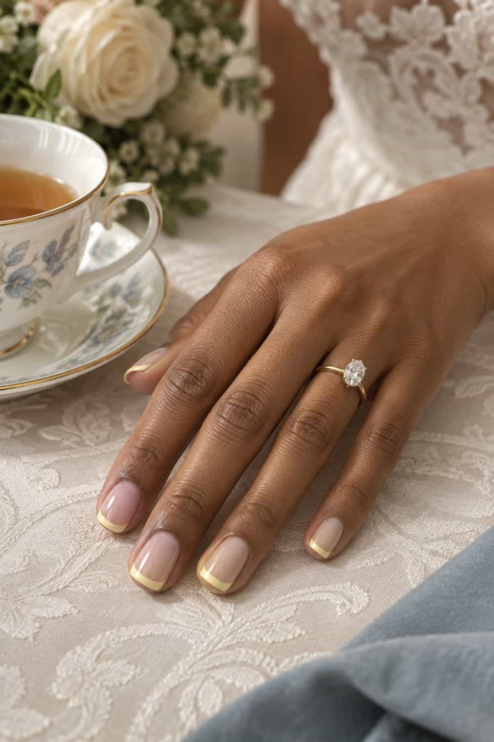 adult bride's medium-brown hand with short square nails, sheer nude base and ultra-thin pale lemon French tips, teacup nearby