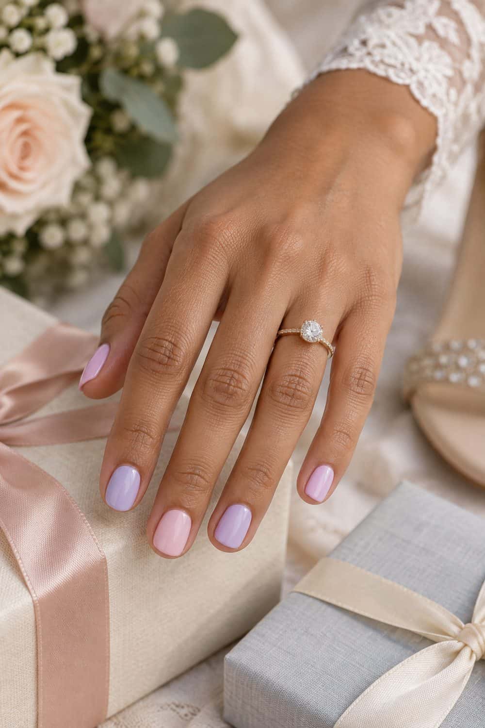 Bridal light-brown hand with short rounded nails alternating solid soft lilac and blush pink, beside pastel gift boxes