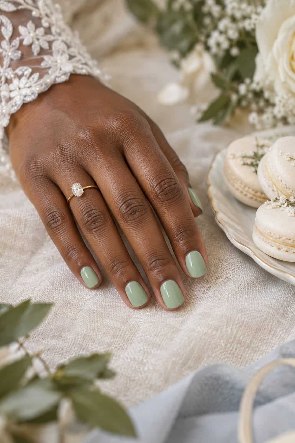 Bridal dark-brown hand with short rounded nails painted solid muted mint green, resting beside white macarons