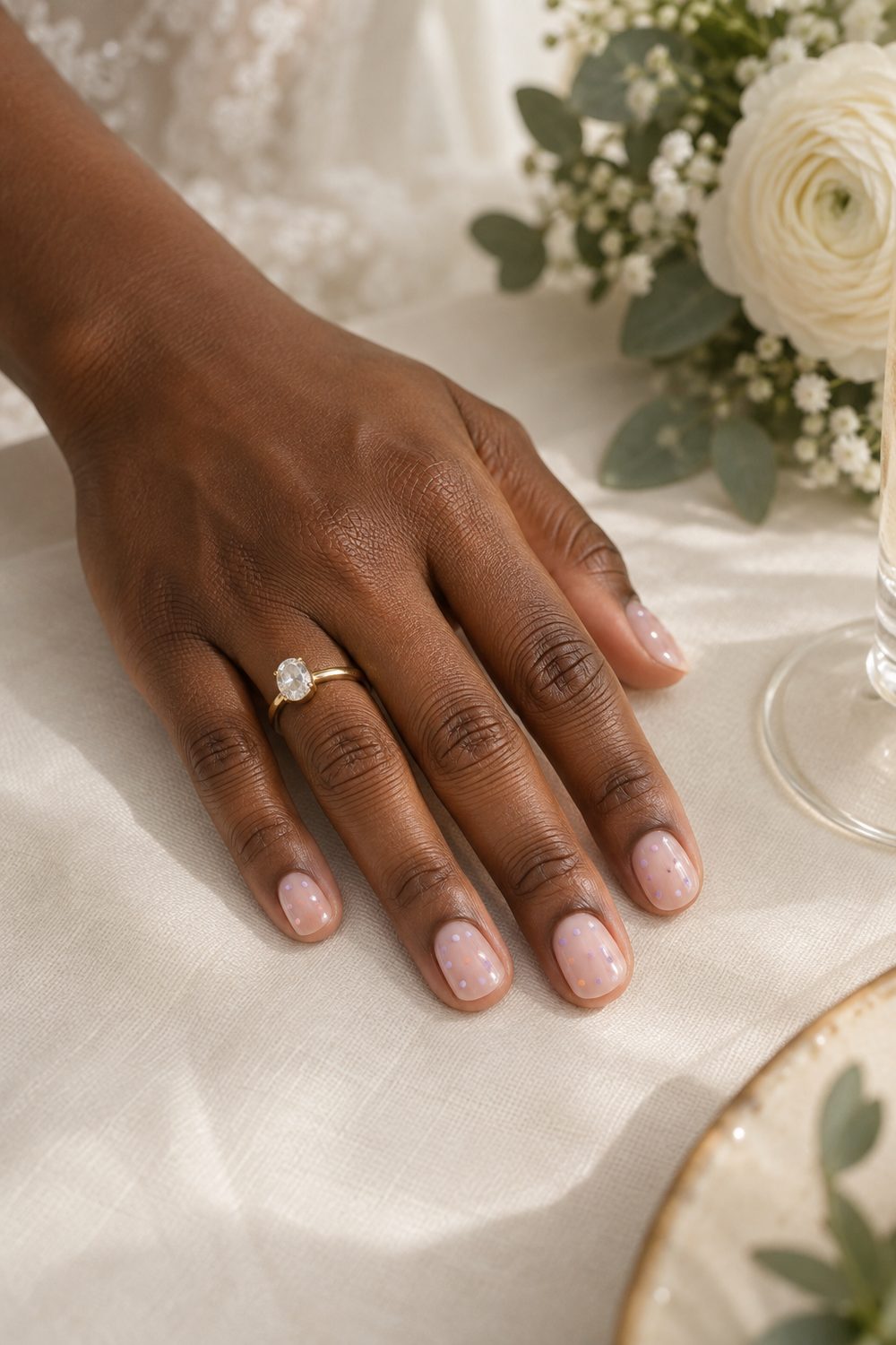 adult bride's dark-brown hand with short rounded nails, sheer pink base with sparse tiny pastel lavender, peach and blue dots, ivory table