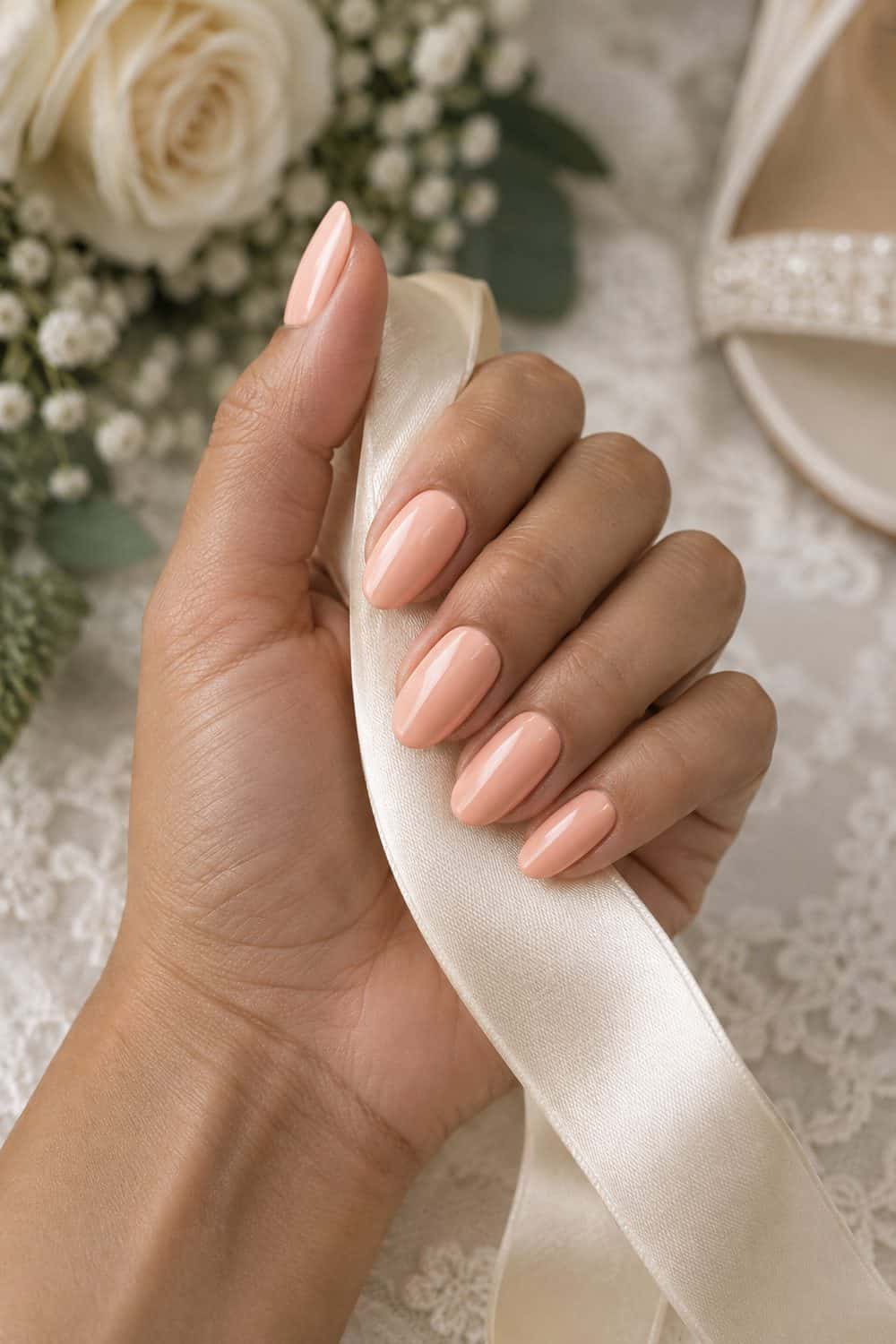 Bridal warm tan hand with medium almond nails painted solid glossy soft peach, holding cream gift ribbon