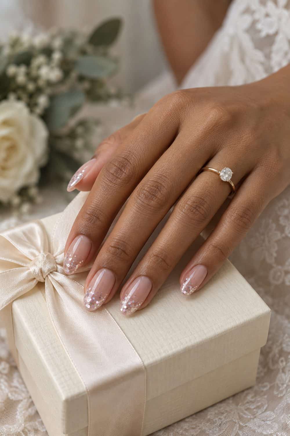 Bridal light-brown hand with medium almond nails, clear base and sparse pearl-pink confetti concentrated near tips, cream gift box