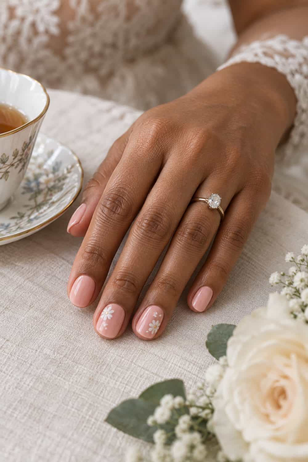 Bridal medium-brown hand with short rounded nails painted soft pink, tiny white daisies on two accent nails, beside tea cup and cream flowers
