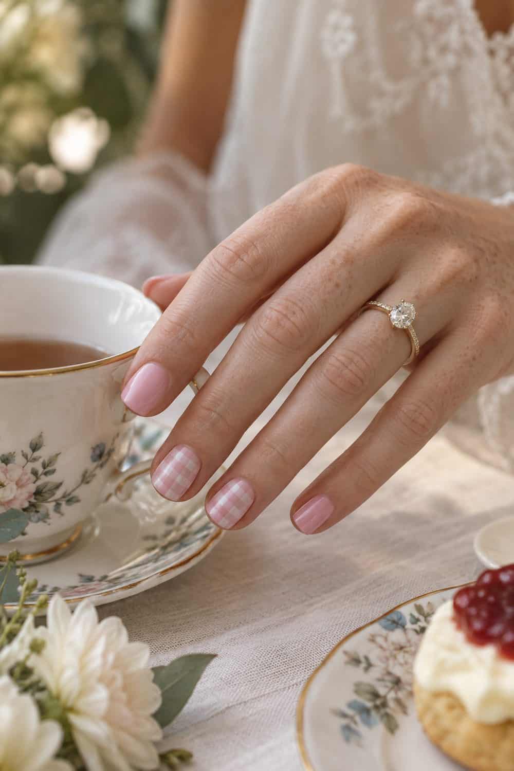 Bridal fair freckled hand with short squoval nails, blush pink polish and two accent nails with neat pale-pink gingham checks, tea table