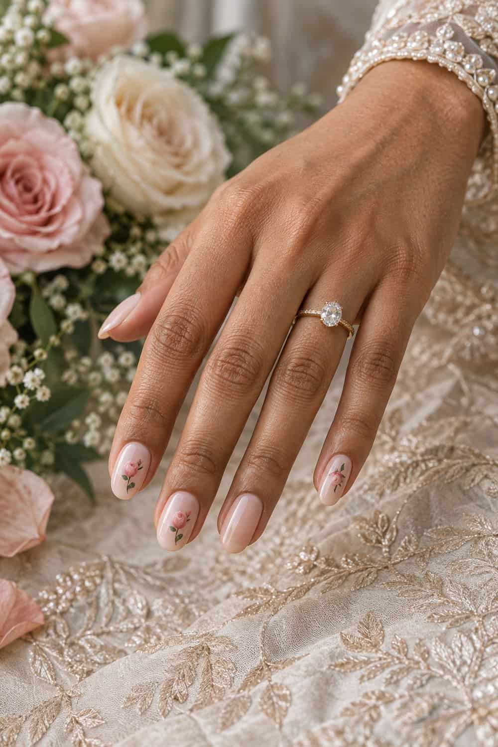 Bridal South Asian hand with medium oval nails, sheer nude base and tiny painted blush rosebuds on three visible nails, real roses nearby