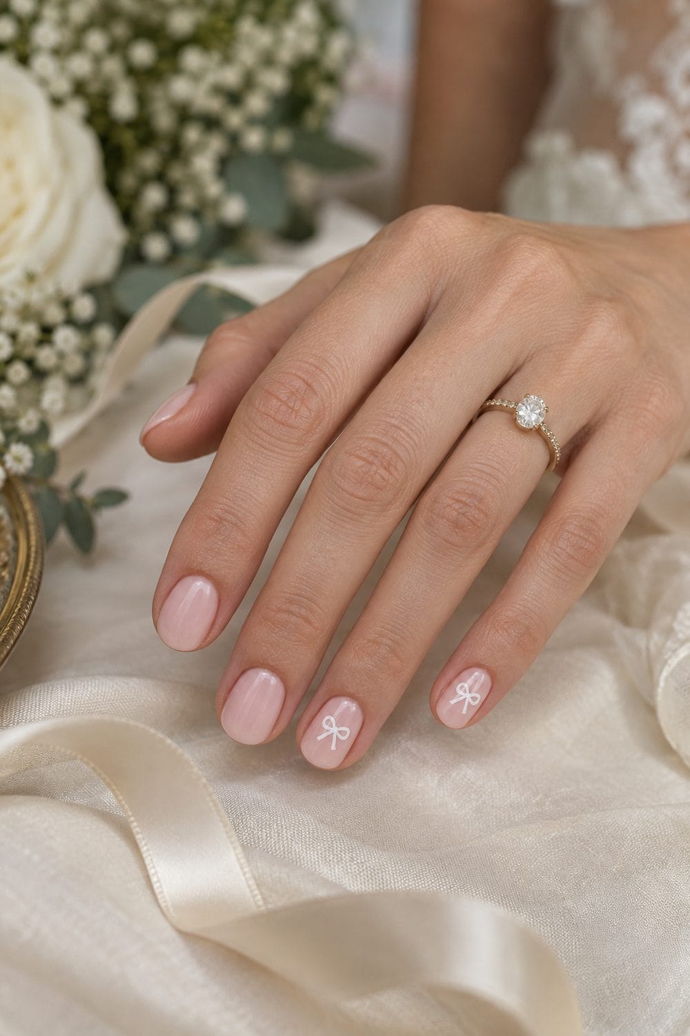 adult bride's fair hand with short oval nails painted blush pink, tiny flat white bow detail on two accent nails, cream ribbon nearby