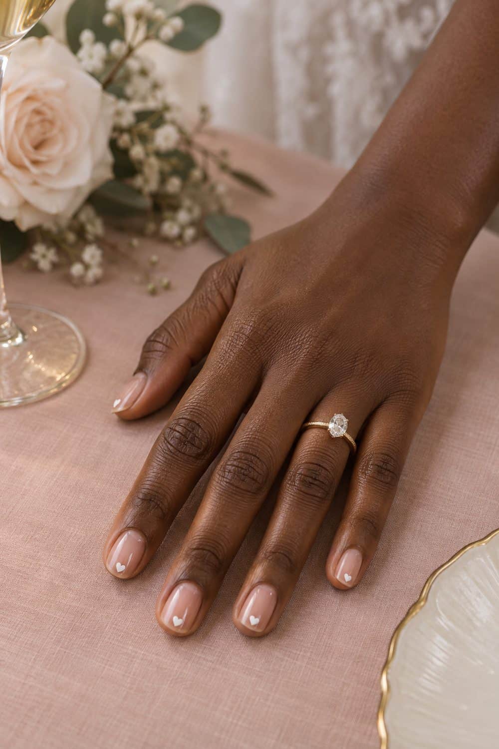 Bridal deep-brown hand with short oval nails, sheer nude base and one tiny white heart at each nail tip, on blush table linen