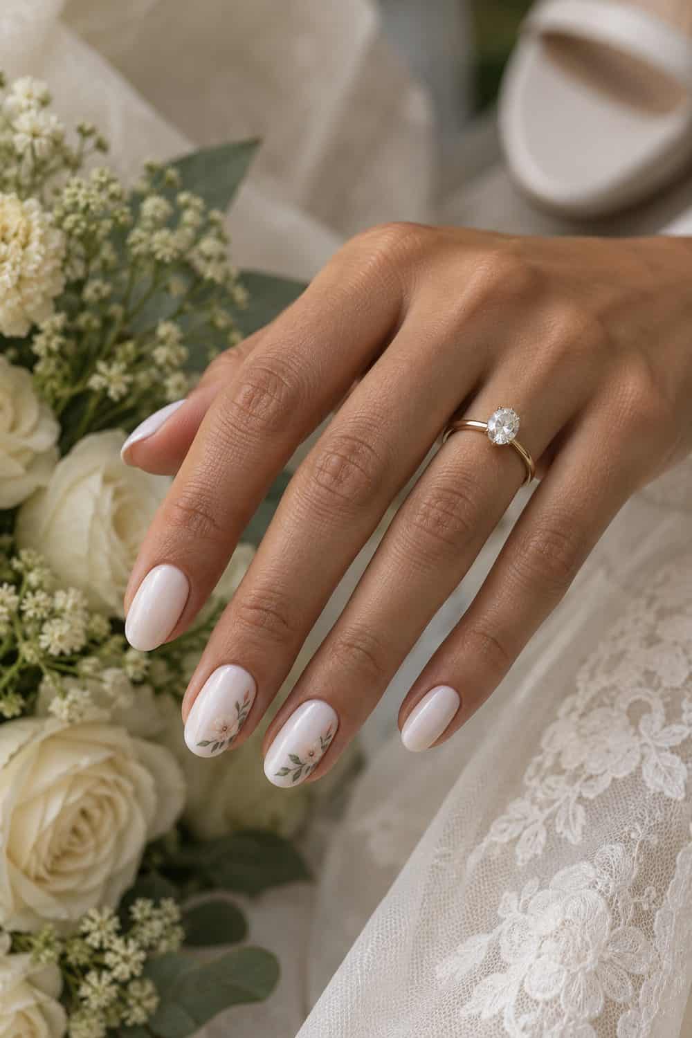 Bridal olive hand with medium oval nails painted soft white, tiny blush-and-sage floral corner clusters on two accent nails, cream flowers