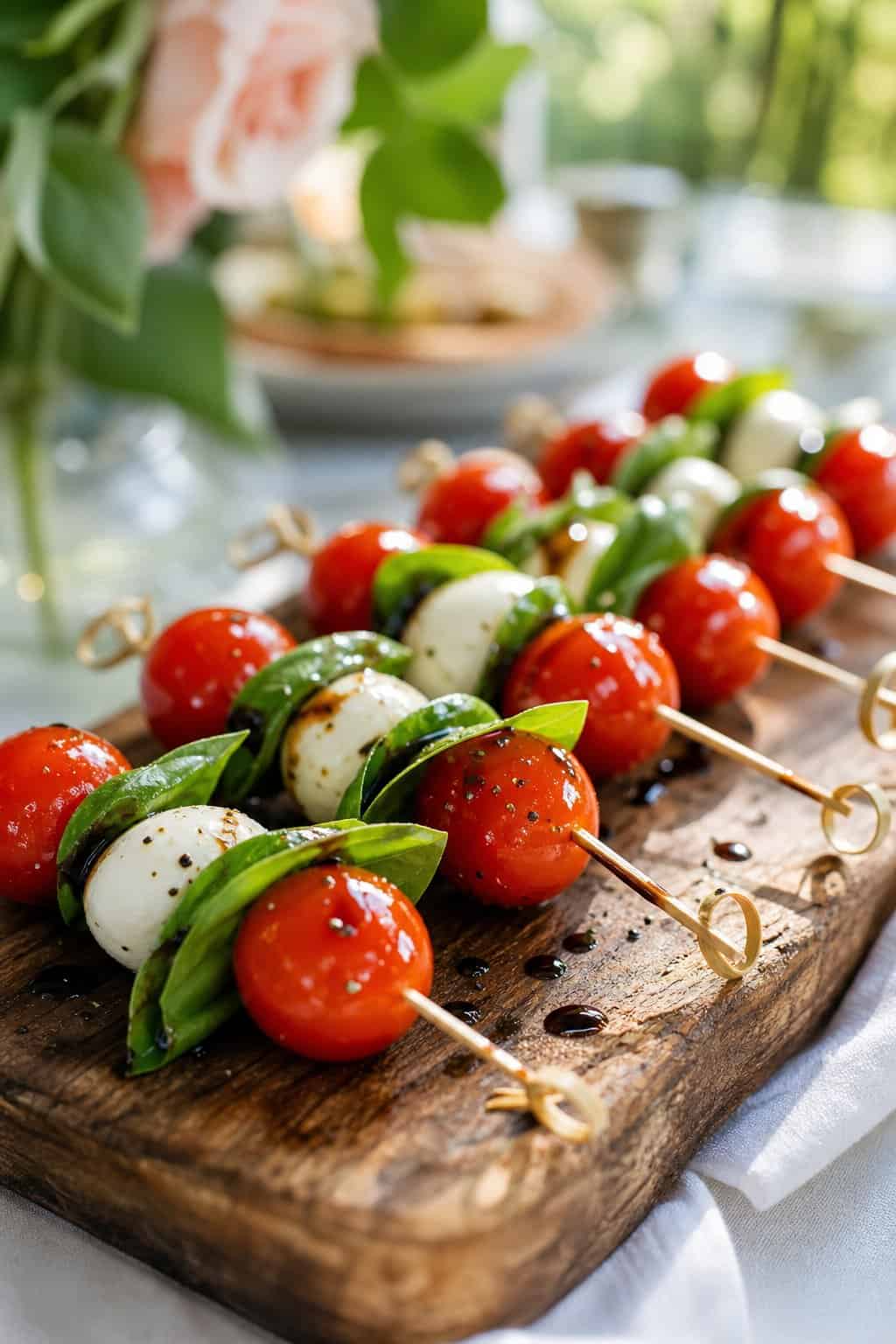Close-up of small wooden skewers threaded with cherry tomatoes, fresh basil leaves, and mini mozzarella balls, dotted with glossy dark balsamic pearls on a wooden board outdoors.