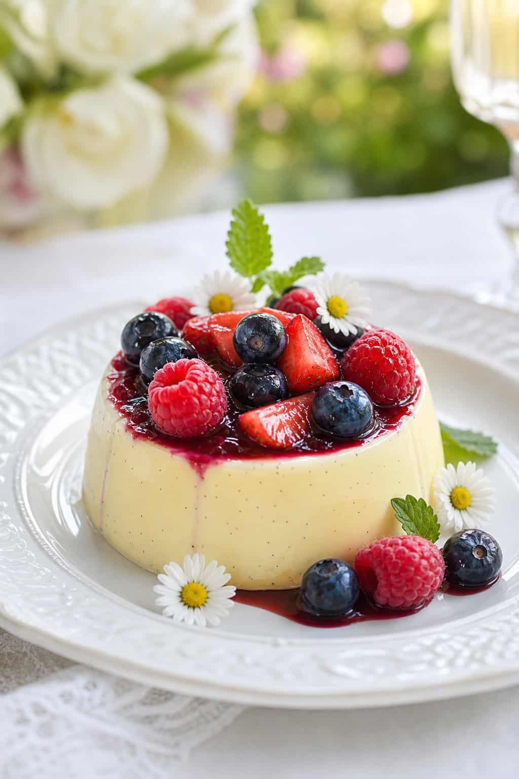 A white plate with an inverted chamomile panna cotta dome beside deep red-purple mixed berry compote, a dried chamomile flower resting on top, outdoor garden background softly blurred.