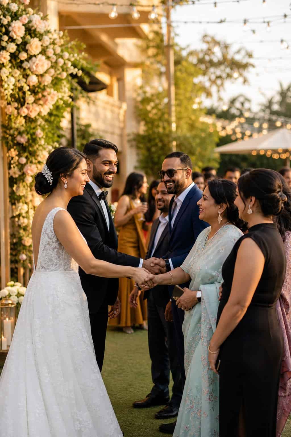 A wedding coordinator reviewing a printed timeline near a venue entrance while catering staff reset the bar in the background.