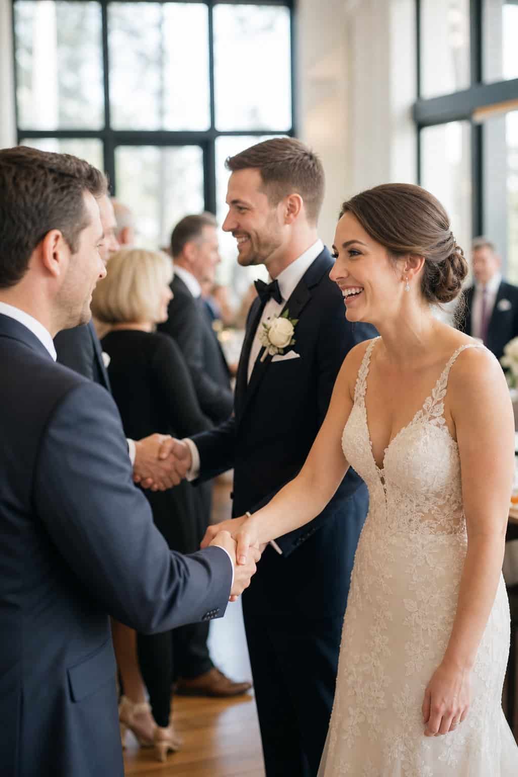 A couple standing together at a ceremony exit greeting guests while family members are visible in the background chatting at cocktail tables.