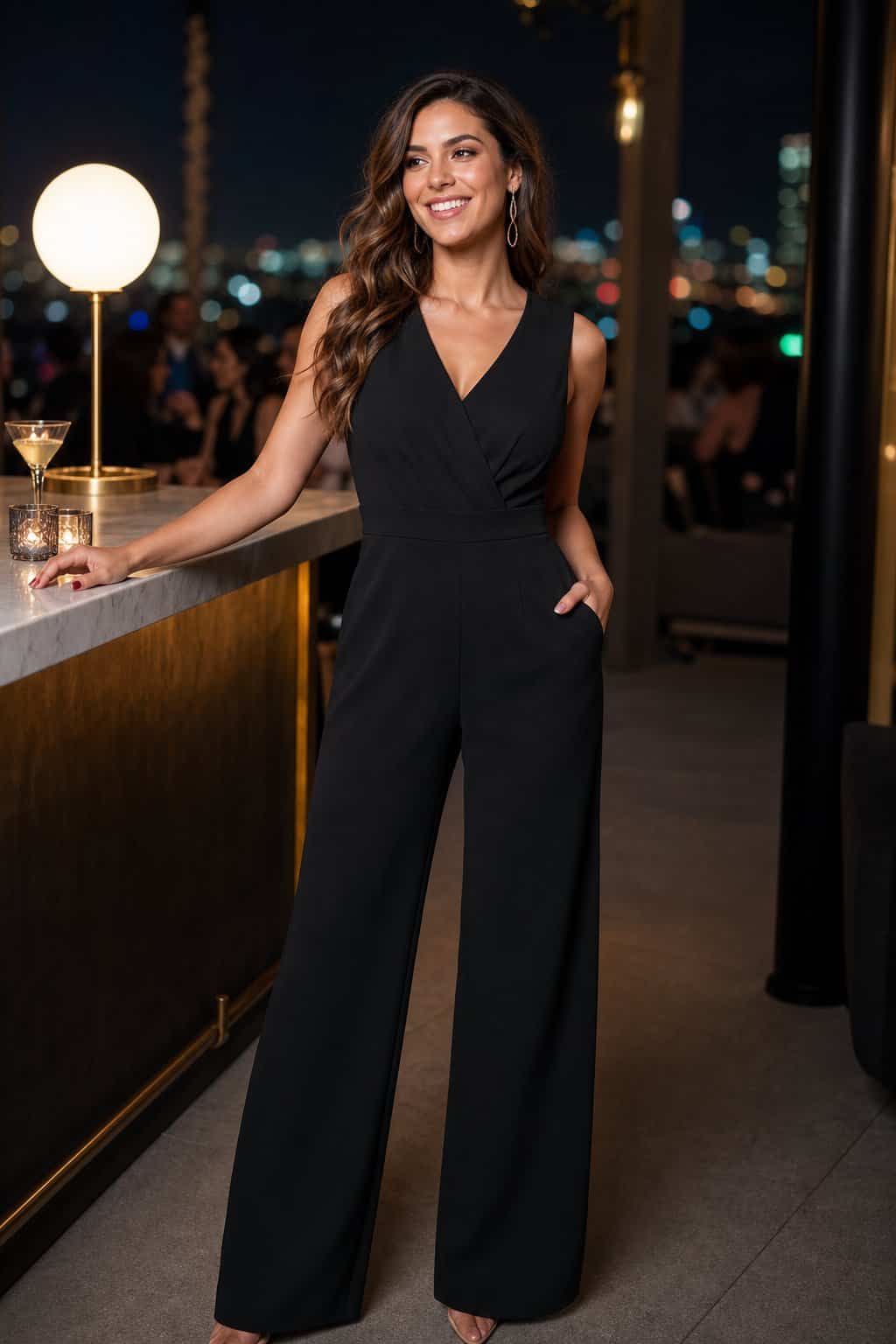 A woman wearing a sleeveless black crepe jumpsuit stands confidently in a stylish nighttime urban setting with blurred city lights behind her.