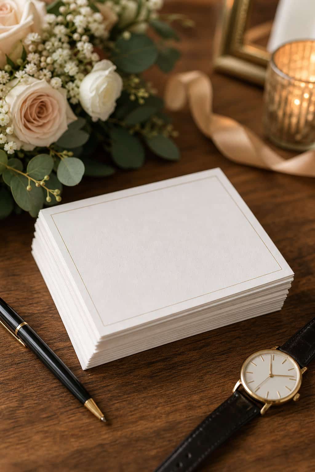 Small laminated cue cards laid out on a table near a venue entrance, each listing names and positions for a wedding receiving line.