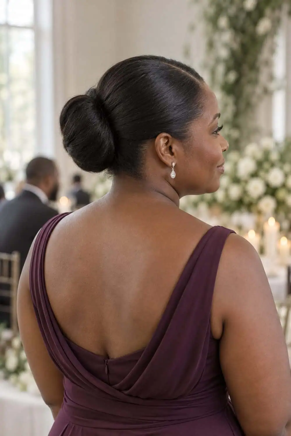 adult wedding guest, Black woman aged about 44 with deep-brown skin, medium-length relaxed dark hair with a clean center part arranged in a smooth round sock bun at mid-height on the back of the head, wearing a plum wedding guest dress, no veil, real hair texture
