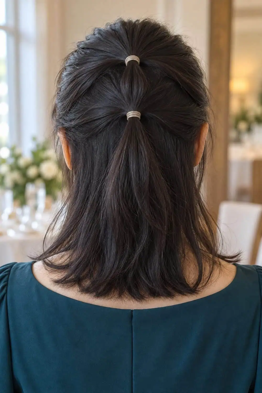 adult wedding guest, East Asian woman aged about 38 with light-medium skin, shoulder-length straight black hair, two small centered half-up ponytails stacked vertically at the crown with the remaining hair loose, wearing a deep teal wedding guest dress, no veil, real hair texture
