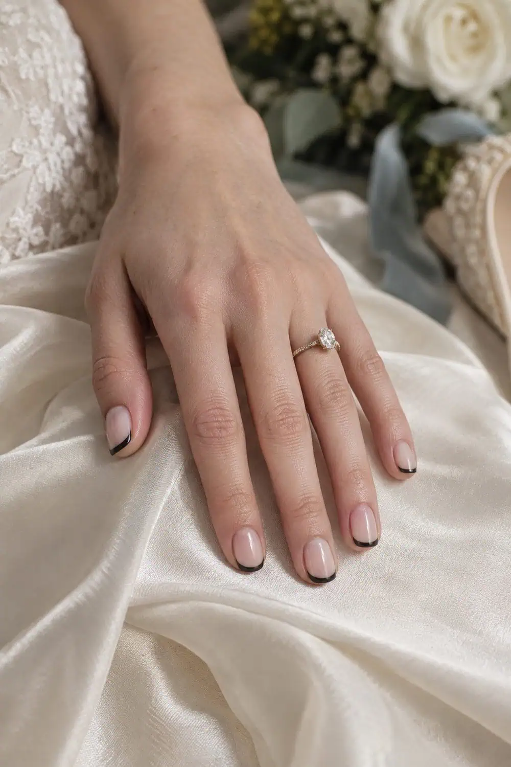 adult bride's fair hand with short square nails, sheer nude base and ultra-thin black magnetic velvet French tips, ivory silk