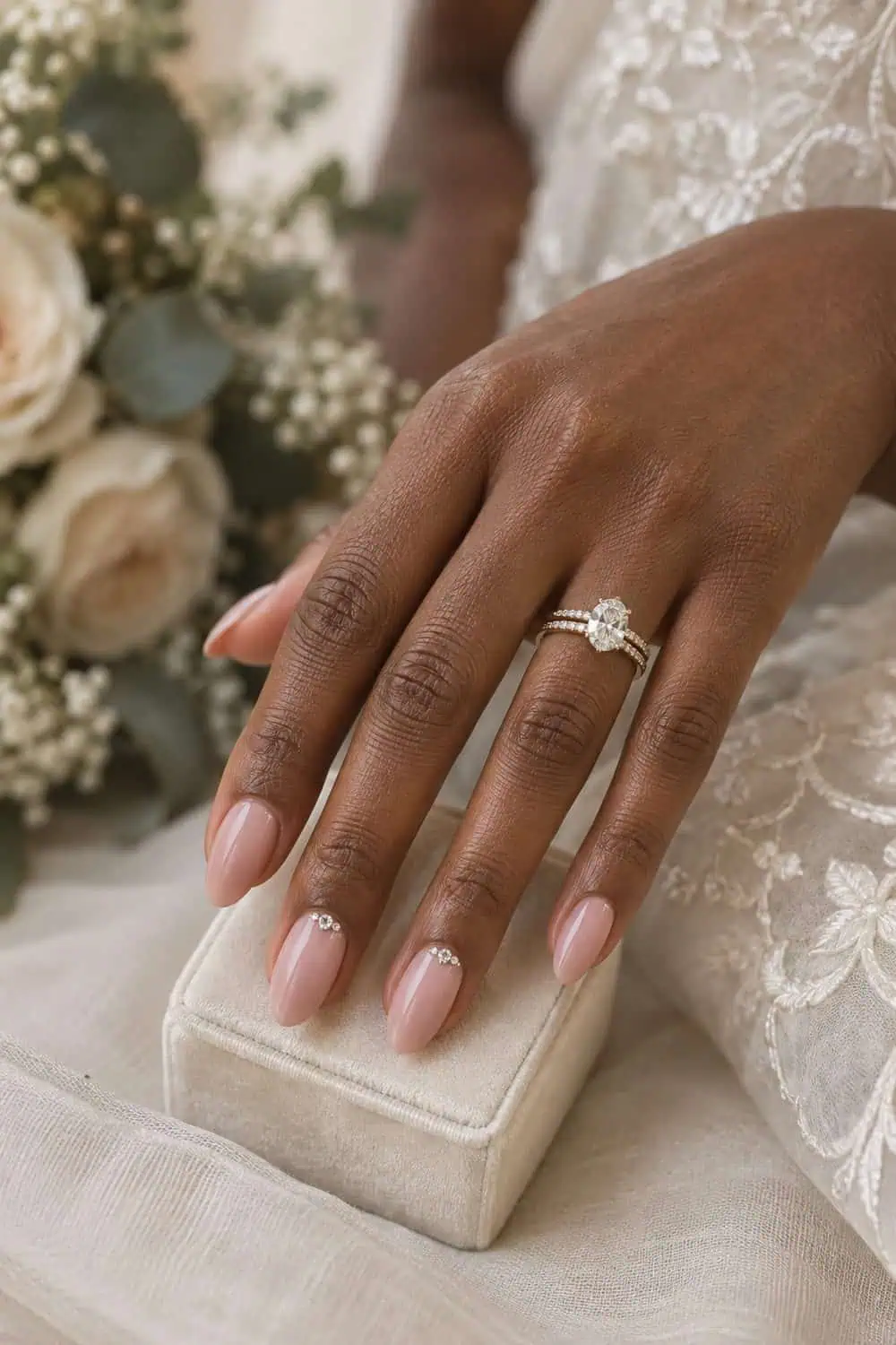 Bridal medium-deep brown hand with medium almond nails painted blush pink, tiny clear crystals at cuticles of two accent nails only, ivory ring box
