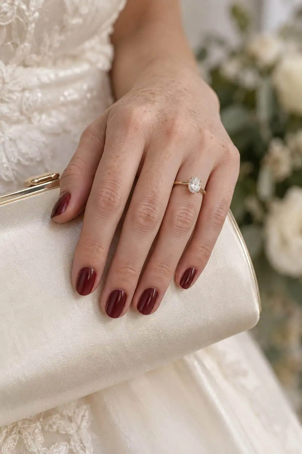 adult bride's fair freckled hand with short oval nails painted translucent burgundy glass polish, ivory clutch