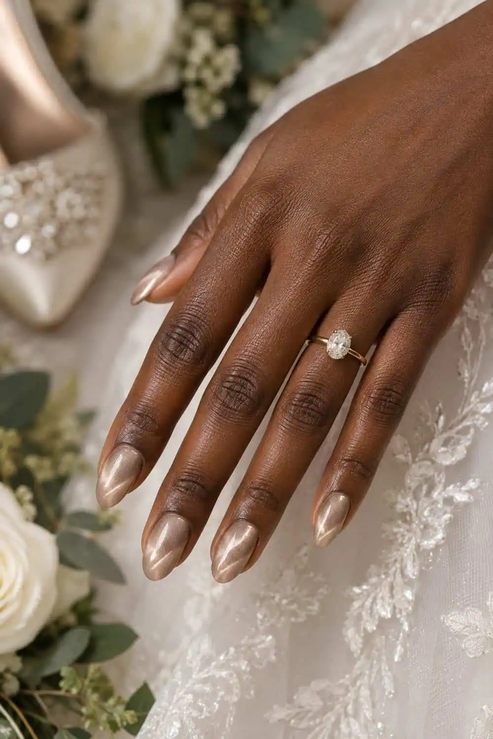 adult bride's dark-brown hand with medium almond nails painted champagne magnetic cat-eye polish, narrow diagonal light bands, gold ring