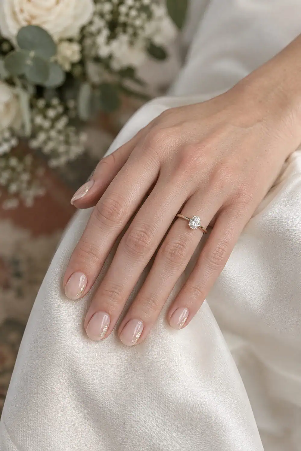 Bridal fair hand with short oval nails, sheer beige base and one small flat champagne foil accent at outer corner of each nail, ivory silk
