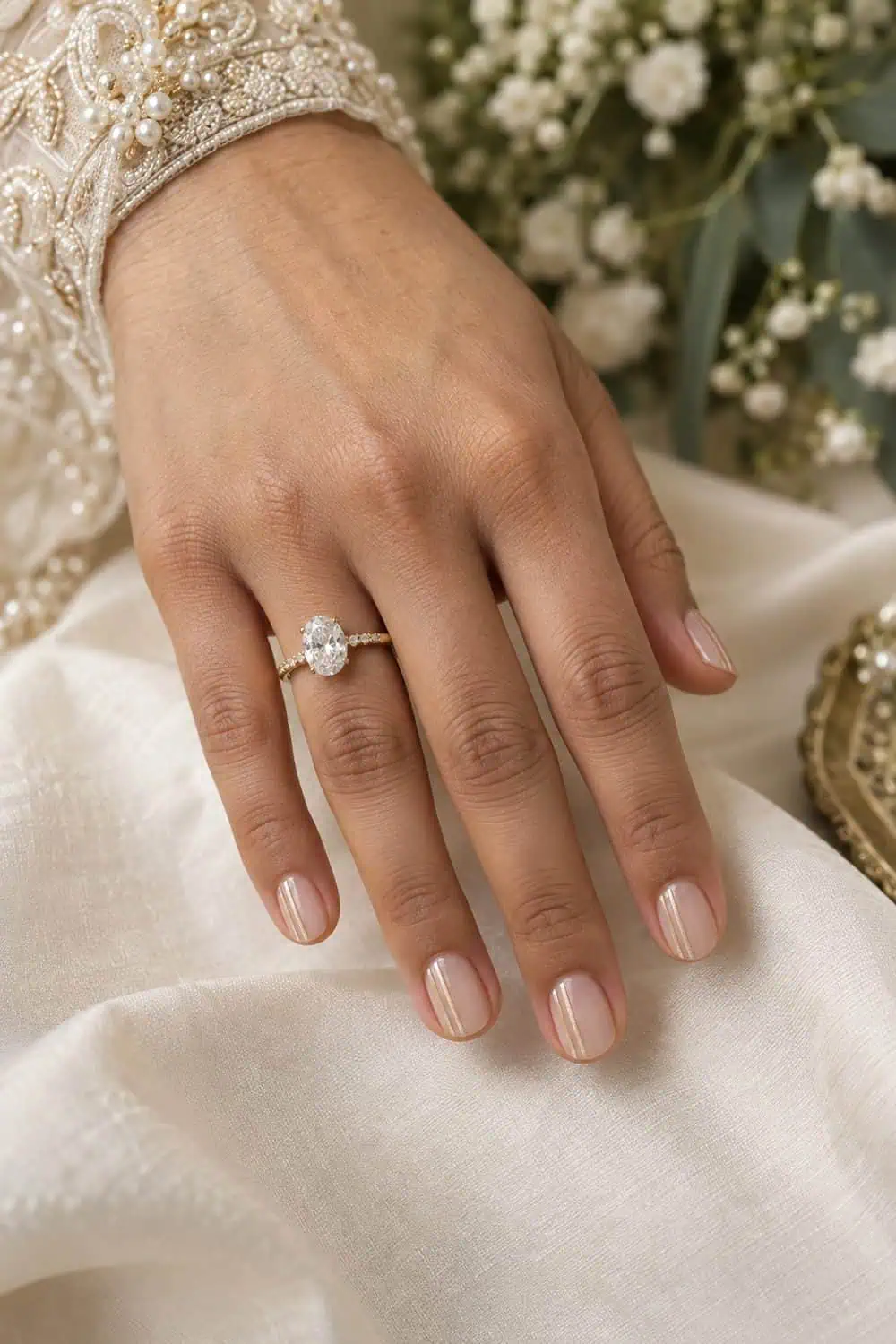 Bridal South Asian hand with short rounded nails, clear glossy base and two fine parallel champagne lines on one side of each nail, ivory background