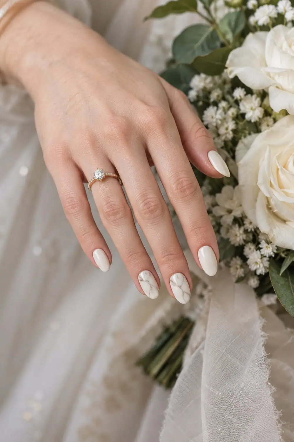 Bridal fair hand with medium oval nails, solid ivory polish and two accent nails with restrained fine gray-beige marble veins, white flowers