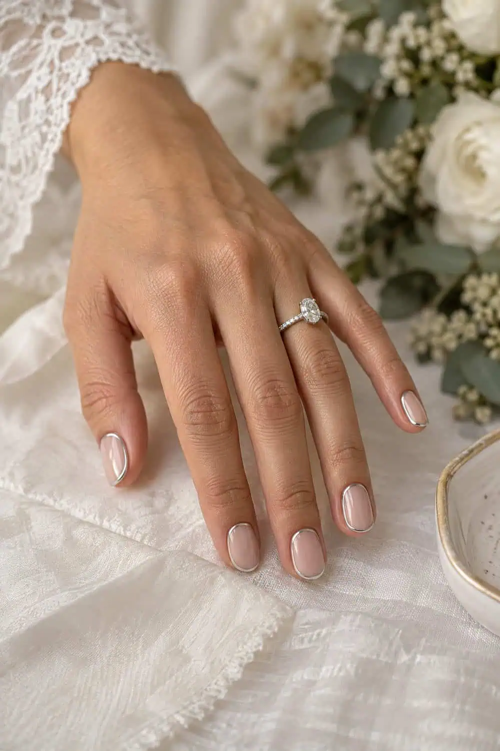 Bridal olive-toned hand with short oval nails, sheer nude base and precise thin silver outline around each nail, silver ring
