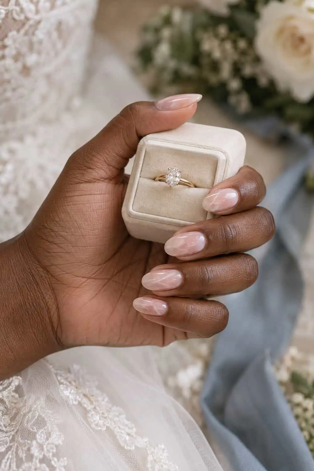 Bridal dark-brown hand with medium oval nails, translucent pale pink quartz effect with sparse fine white veins, holding matte ivory ring box