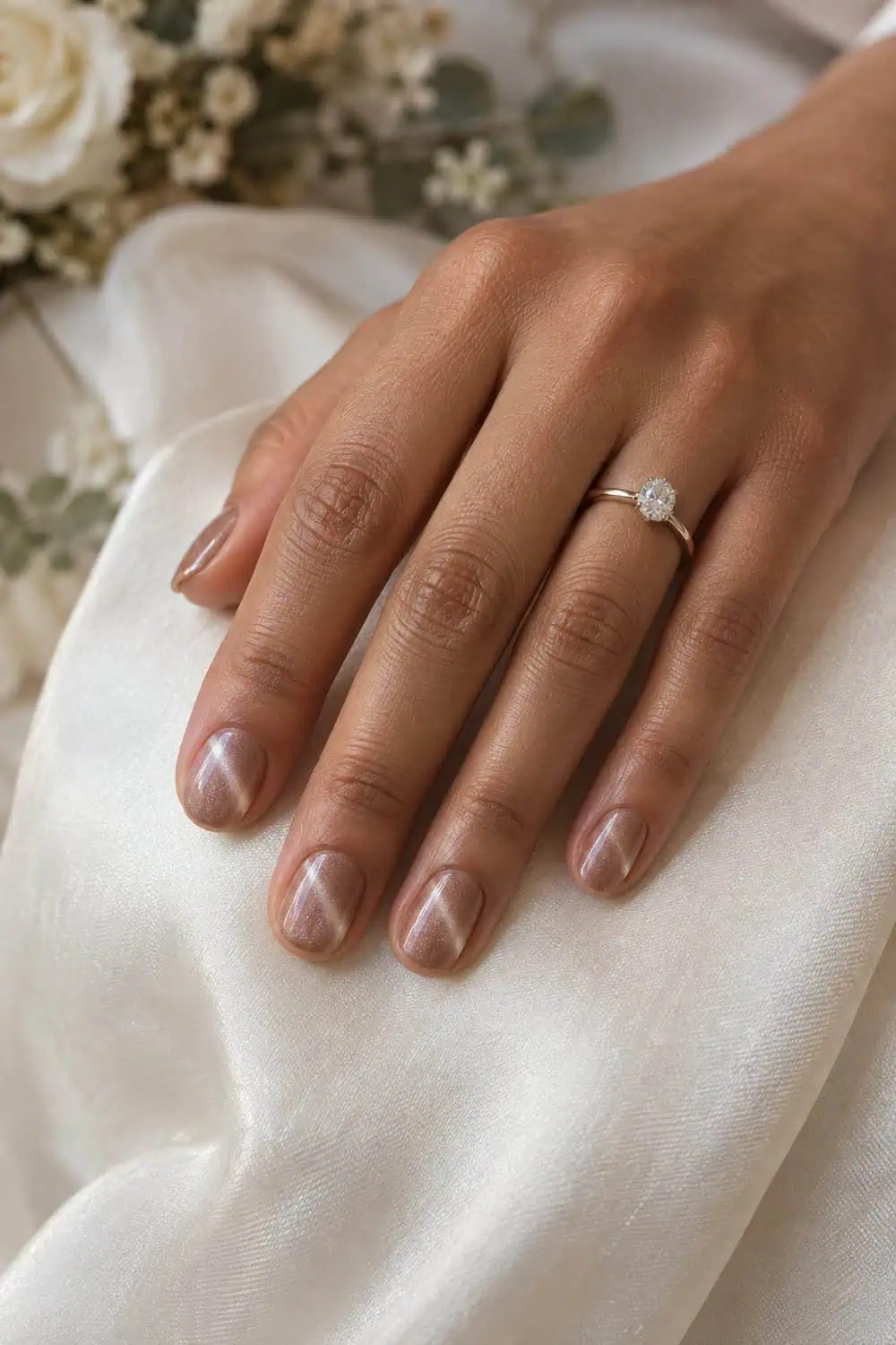 Bridal light-brown hand with short rounded nails painted rose-beige magnetic velvet polish, soft narrow light bands, ivory fabric