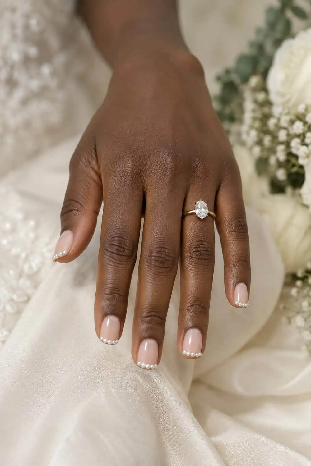 Bridal deep-brown hand with short soft-square nails, sheer nude base and tiny pearl details aligned along each tip, cream background