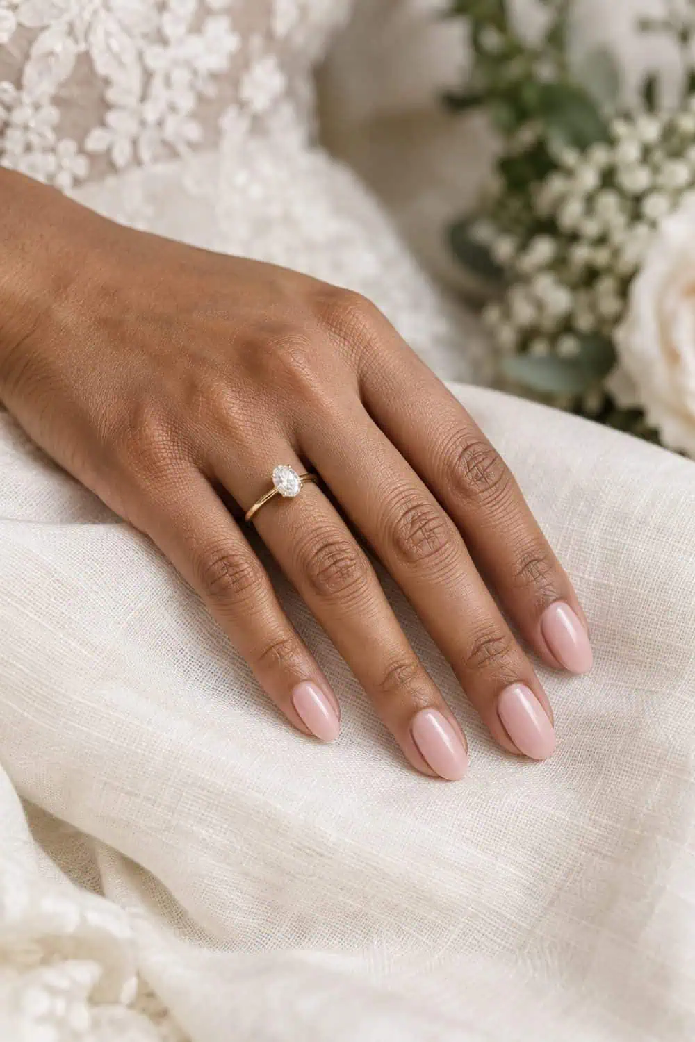 Bridal light-brown hand with short almond nails painted soft pink with refined satin sheen, resting on ivory linen
