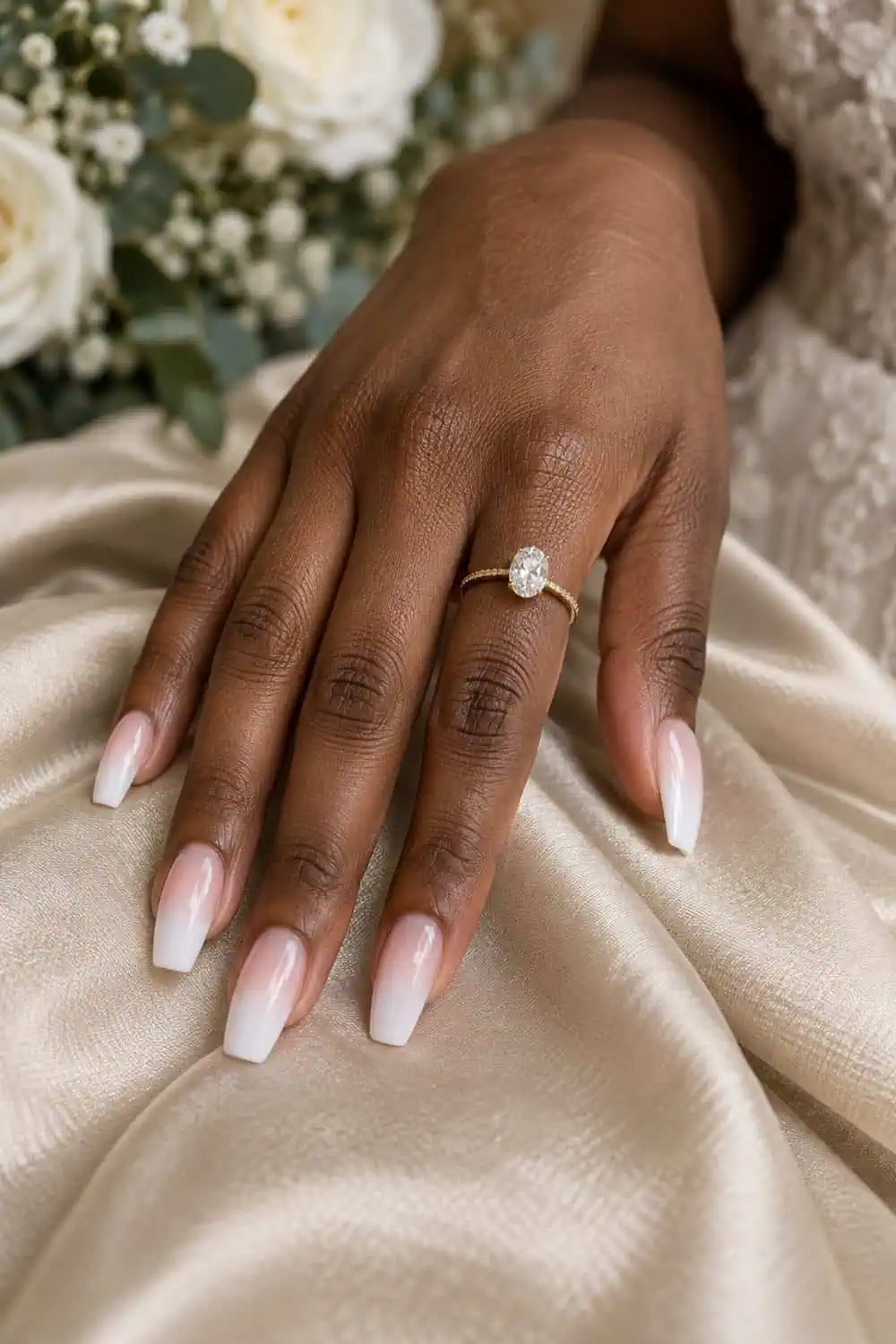 Bridal dark-brown hand with medium coffin nails fading from sheer blush base to soft white ends, champagne fabric