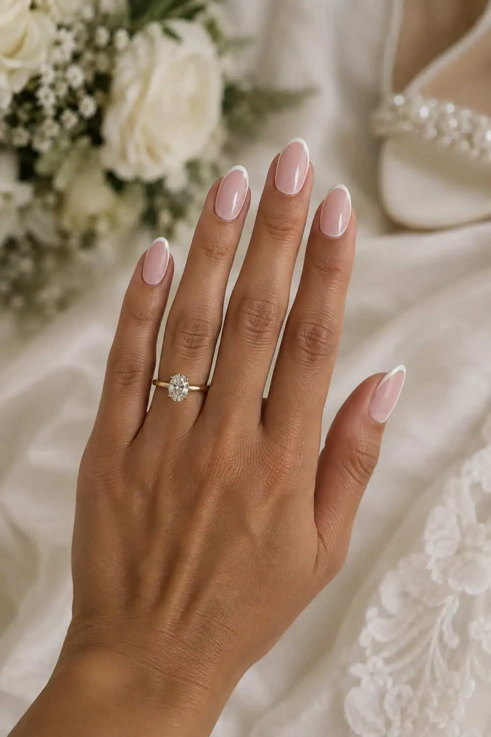 Bridal olive hand with medium almond nails, sheer pink center and very thin white outline following every edge, cream background