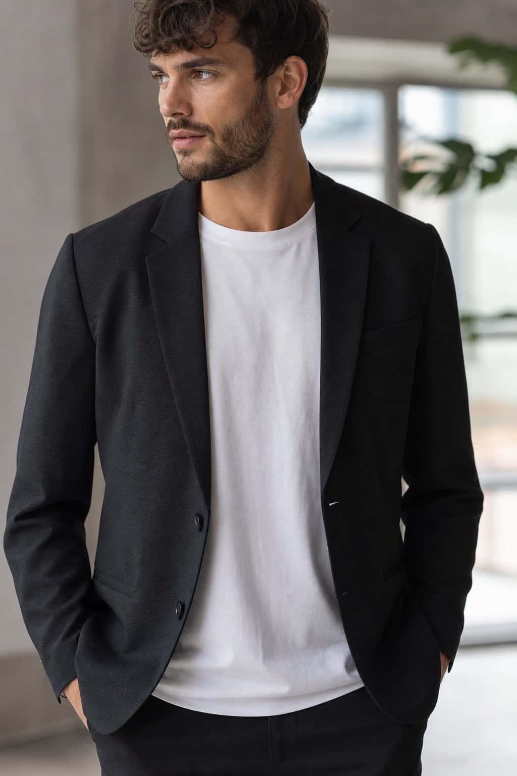 Close-up of a person wearing a structured black blazer over a white t-shirt in a softly lit indoor bar setting.