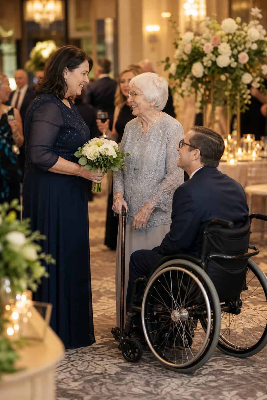 A younger family member standing in a wedding receiving line on behalf of an elderly relative who is seated comfortably at a nearby table.